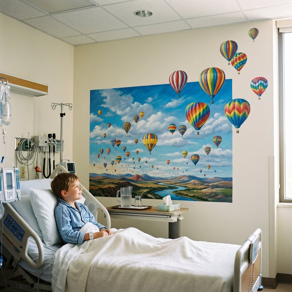 Child looking at hot air balloon mural in hospital room