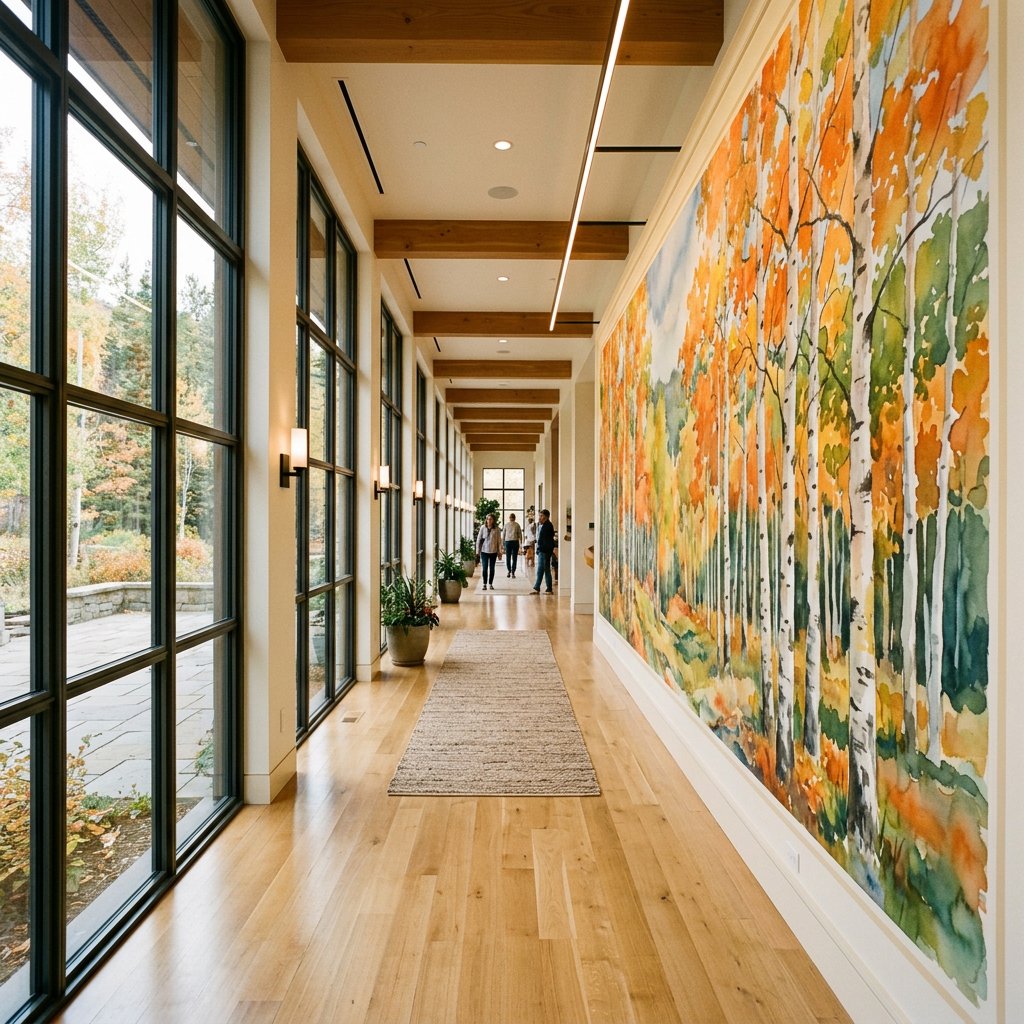 Hospital hallway transformed with aspen tree mural